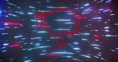Neon thumbs down icon in futuristic cyberspace