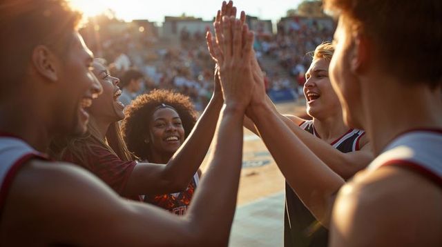 High-fiving youth basketball team celebrating outdoor win with golden sun flare