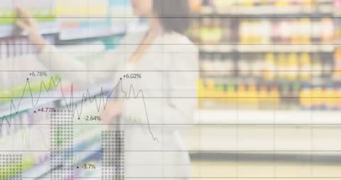Retail shopper analyzing augmented reality product data overlays in supermarket aisle