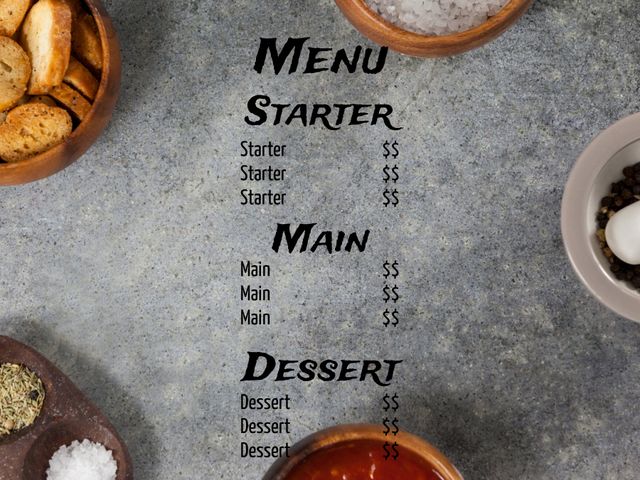 This attractive restaurant menu template features visuals of appetizing food bowls and spices on a stone background. It is ideal for restaurants looking to design their menus or food bloggers seeking a stylish way to display recipes. The layout includes sections for starters, main courses, and desserts with space for pricing. Use it to create an engaging dining experience or a compelling food blog post.