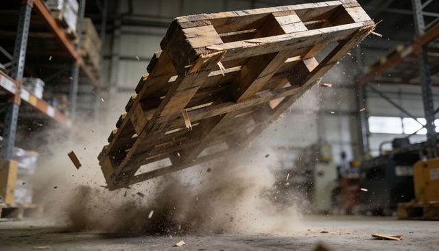 Falling wooden pallet splintering and kicking dust plume in industrial warehouse racking