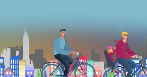 Family Cycling Through Colorful Cityscape with Child Seat - Download Free Stock Images Pikwizard.com