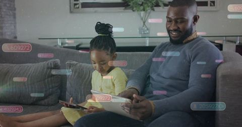 Father and daughter bonding and scrolling devices on couch with ui overlay