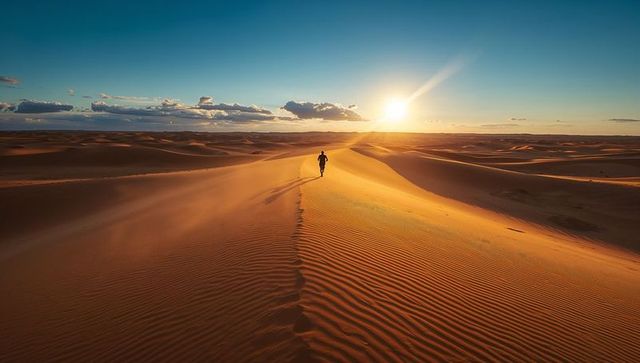 Solitary man walking along dune crest at golden hour leaving footprints toward sunset