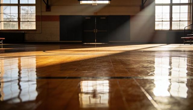 Sunlight Streaming on Polished Hardwood Basketball Court Reflecting Warm Beams