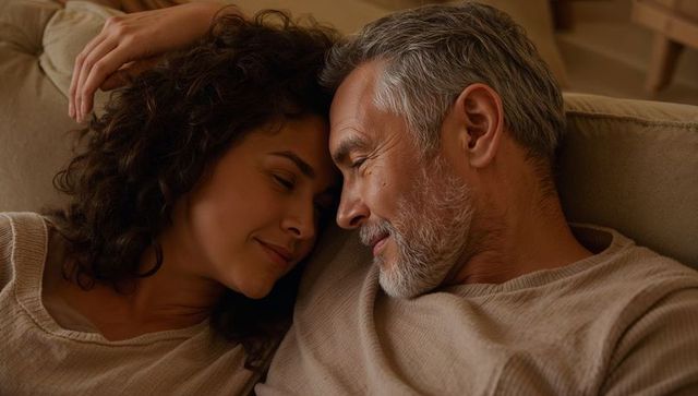 Middle-aged couple reclining and cuddling on beige couch sharing intimate tender moment