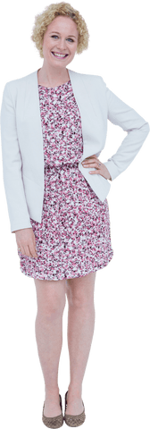 Smiling Woman in Floral Dress and White Blazer on Transparent Background
