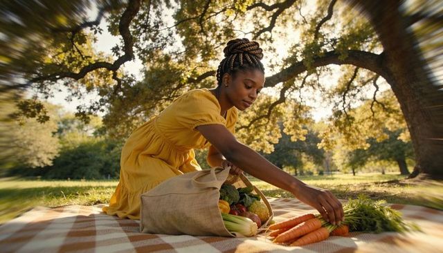 Kneeling woman arranging fresh produce on picnic blanket in sunlit park at golden hour