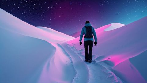 Nighttime winter trek across majestic snow dunes under starry sky