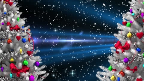 Decorated Christmas Trees with Falling Snow and Lens Flare