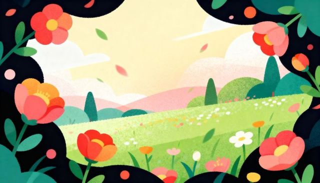Framing sunlit meadow with oversized blossoms and floating petals, pastel hills