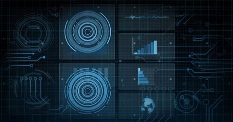Futuristic digital dashboard displaying concentric gauges, waveform and data analytics panels