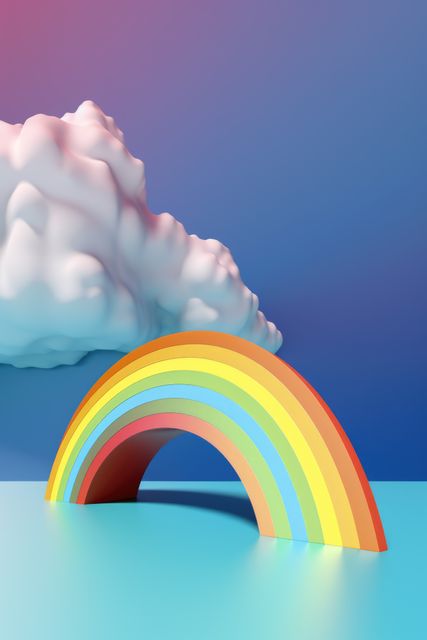 Colorful rainbow with white clouds on blue background created using generative ai technology. Rainbow and colours concept digitally generated image.