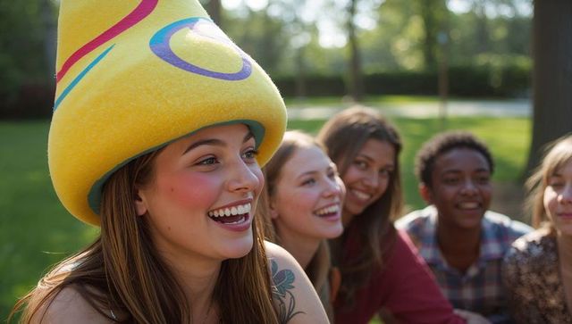 Smiling young woman wearing yellow foam cone hat with friends laughing at outdoor park gathering