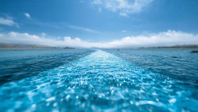 Carving turquoise wake toward horizon leading line over open water seascape ripple texture