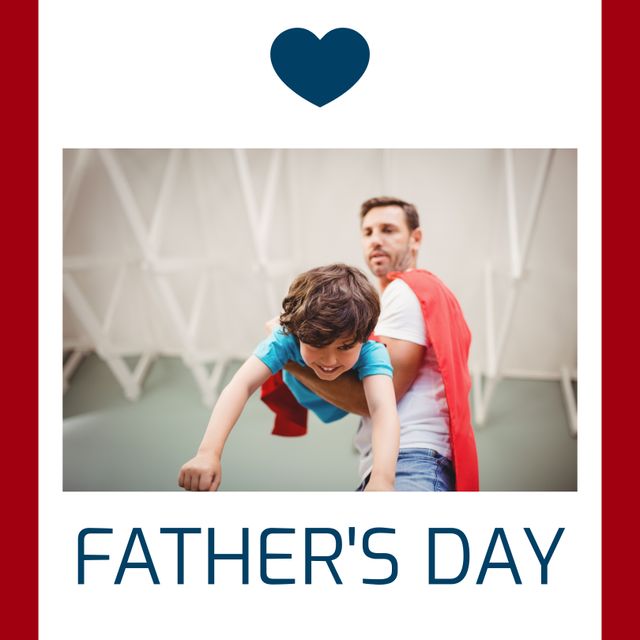 Image shows a father in a superhero cape joyfully playing with his young son, embodying a playful and affectionate relationship. Ideal for Father's Day promotions, greeting cards, family event advertisements, and parenting blogs emphasizing fatherhood and familial relationships.