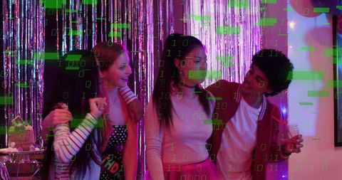 Friends celebrating at neon birthday party with binary code overlay and metallic fringe