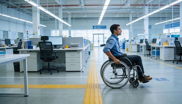 Man propelling wheelchair through modern open office highlighting accessibility and inclusion