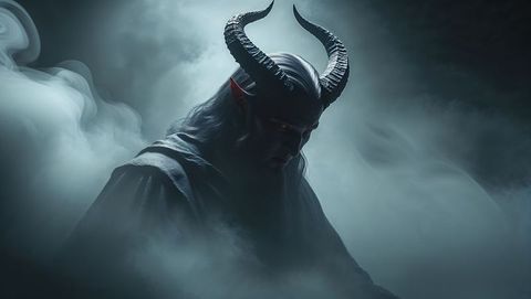 Enigmatic satan rising in dark misty cavern