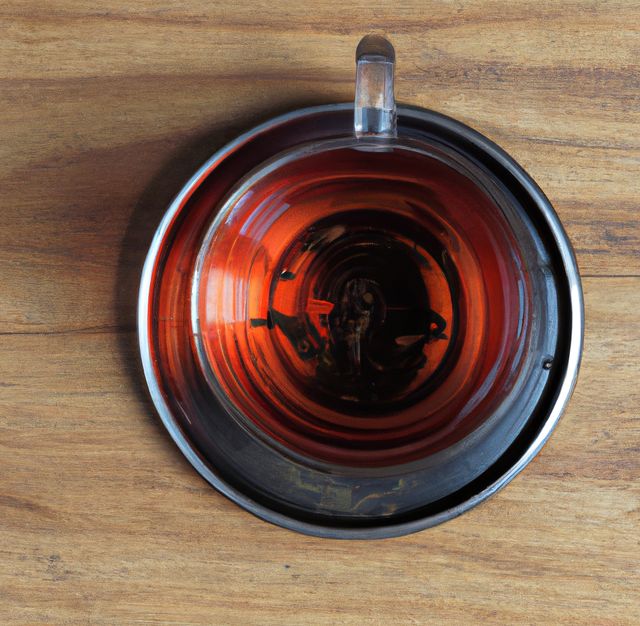 Image of close up of cup of tea with saucer on wooden background. Drink and tea concept.