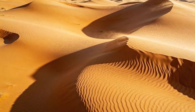 Sunlit sand dunes casting long shadows with rippled ridgelines and desert textures
