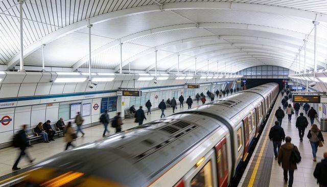 London underground rush hour silver train pulling into busy curved platform with commuters