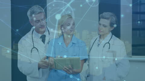 Doctors Reviewing Medical Data with Digital Network Overlay