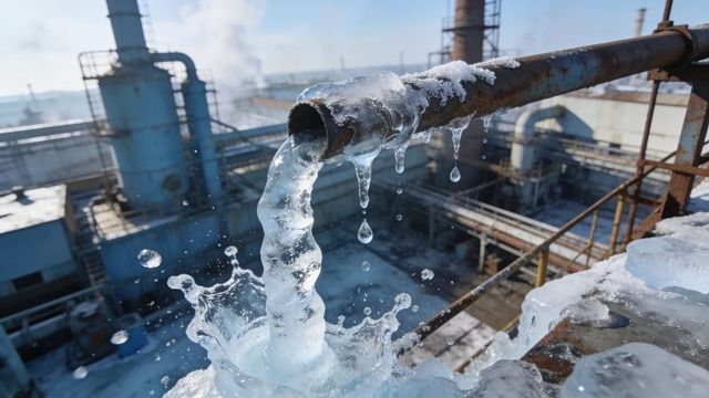 Pouring frozen water forming crystalline ice column from rusted pipe on industrial catwalk