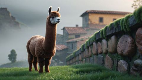 Charming brown llama wandering simple rural countryside