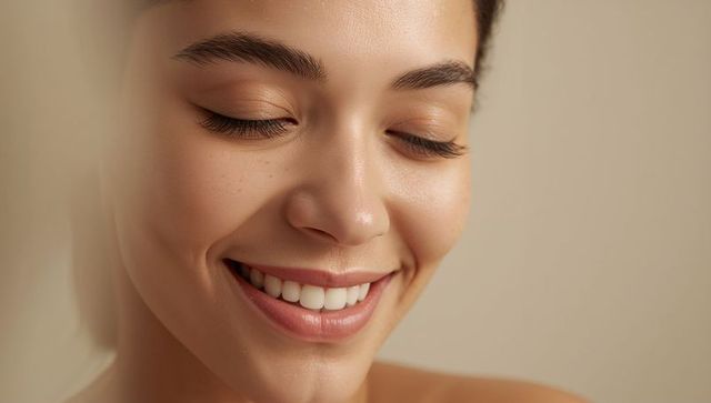 Smiling woman closeup portrait showing natural skin glow, bare shoulders, white teeth