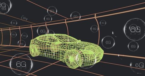 Futuristic 6G Cyberpunk Network with Neon Car Wireframe