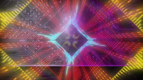 Abstract Digital Circuit Board with Neon Geometric Shapes