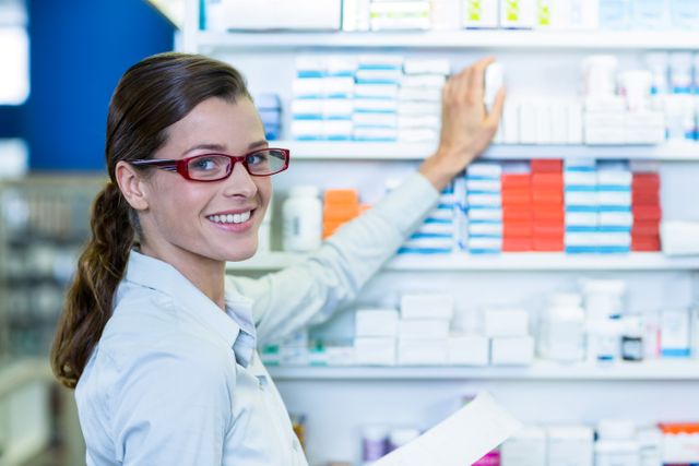 Portrait of pharmacist holding prescription while checking medicine in pharmacy