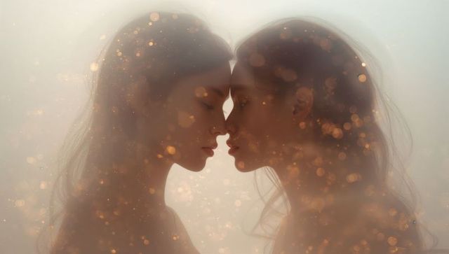 Golden bokeh intimate silhouette of two women touching foreheads romantic close portrait