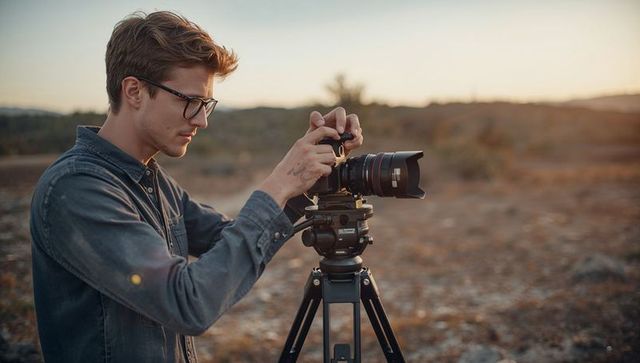 Young photographer adjusting dslr on tripod during golden hour in rural rocky landscape