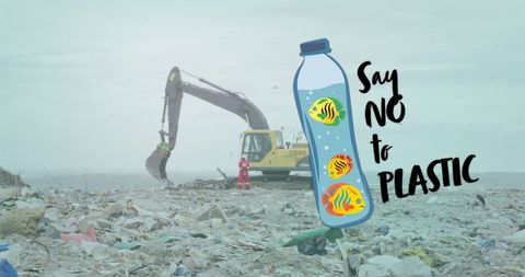 Say No to Plastic Bottle Overlays on Landfill Backdrop