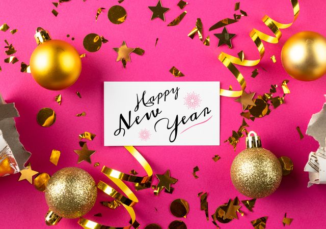 Bright and vibrant, this image features a 'Happy New Year' handwritten card surrounded by festive golden baubles, glittering confetti, and swirling ribbons on a bold pink background. Perfect for seasonal holiday designs, party invitations, greeting cards, and festive promotional materials.