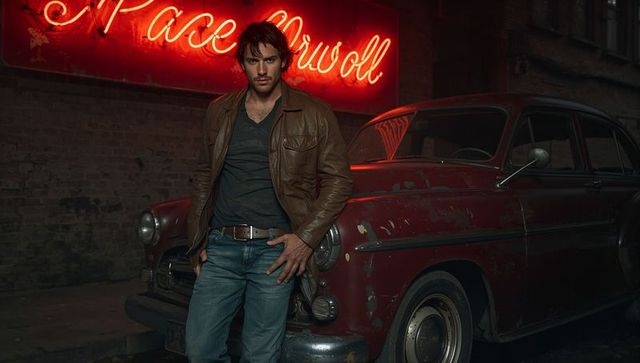Leaning man in leather jacket and jeans catching neon glow by vintage sedan in night alley