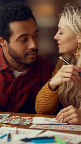 Vertical video: Couple sharing craft session creating greeting cards at cozy table