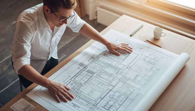 Architect reviewing detailed residential blueprint on wooden desk in sunlight wearing glasses