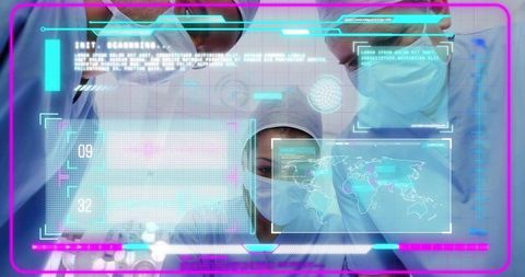 Surgical team analyzing holographic patient data with global health map interface
