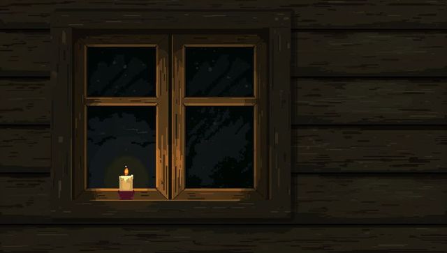 Warm candlelight glowing in rustic wooden four-pane window at night pixel art cabin