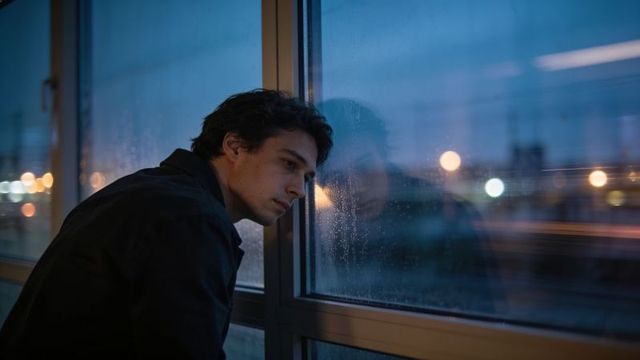 Young man leaning against rain-speckled station window at blue hour reflecting loneliness