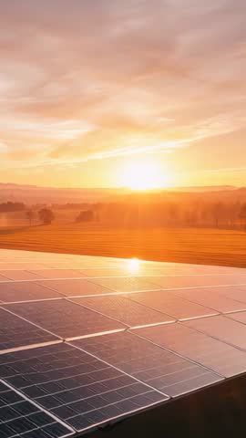 Vertical video showing solar panels reflecting sunrise over rolling farmland at dawn