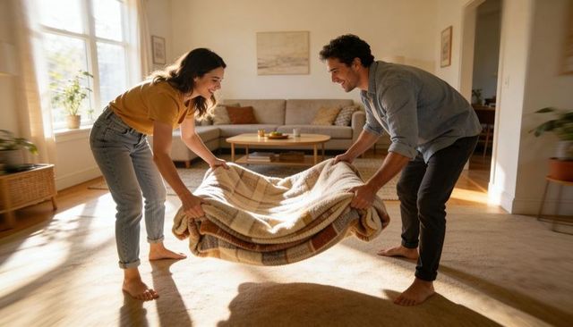 Couple shaking plaid blanket in sunlit cozy living room playing and sharing warm moment