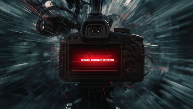 Dslr displaying seismic anomaly alert on tripod with cables in futuristic monitoring lab