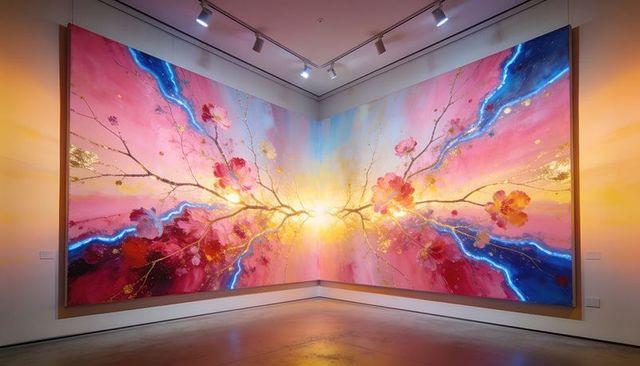 Radiant floral diptych mural spanning gallery corner with gold flecks and electric blue veins