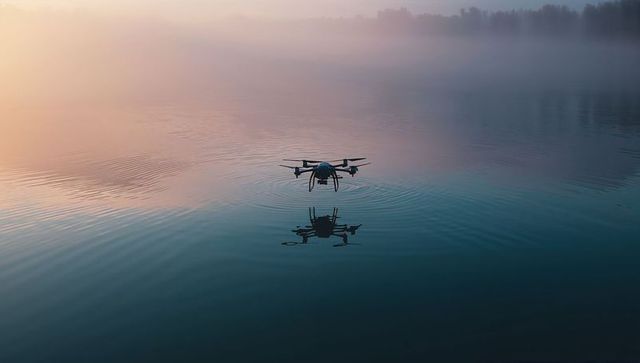 Drone Hovering Over Tranquil Lake at Dawn Reflecting Ripples