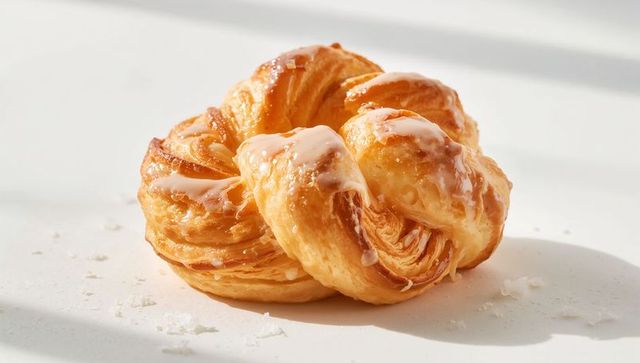 Glazed twisted croissant knot showing flaky laminated layers and golden buttery crust