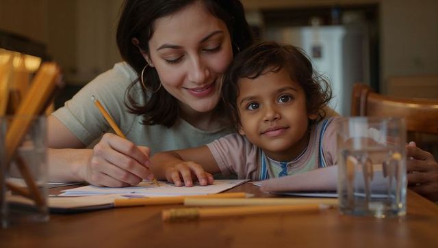 Parent guiding child with homework at kitchen table, cozy learning and bonding moment